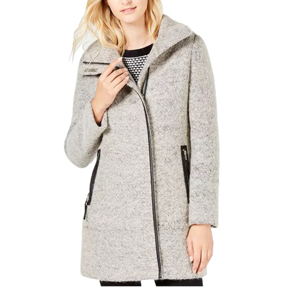 Calvin Klein Wool Blend Faux Leather Trim Bouclé Asymmetrical Coat Gray Small - Picture 1 of 16